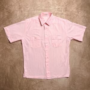 Vintage 80s Pink Short Sleeve Button Up Polyester Shirt Sheer Pinstripe Men's M